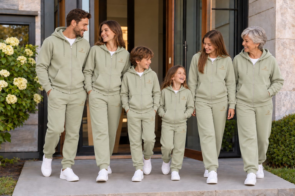 Famille de six personnes portant les ensembles URIALEX vert sauge avec des baskets blanches.