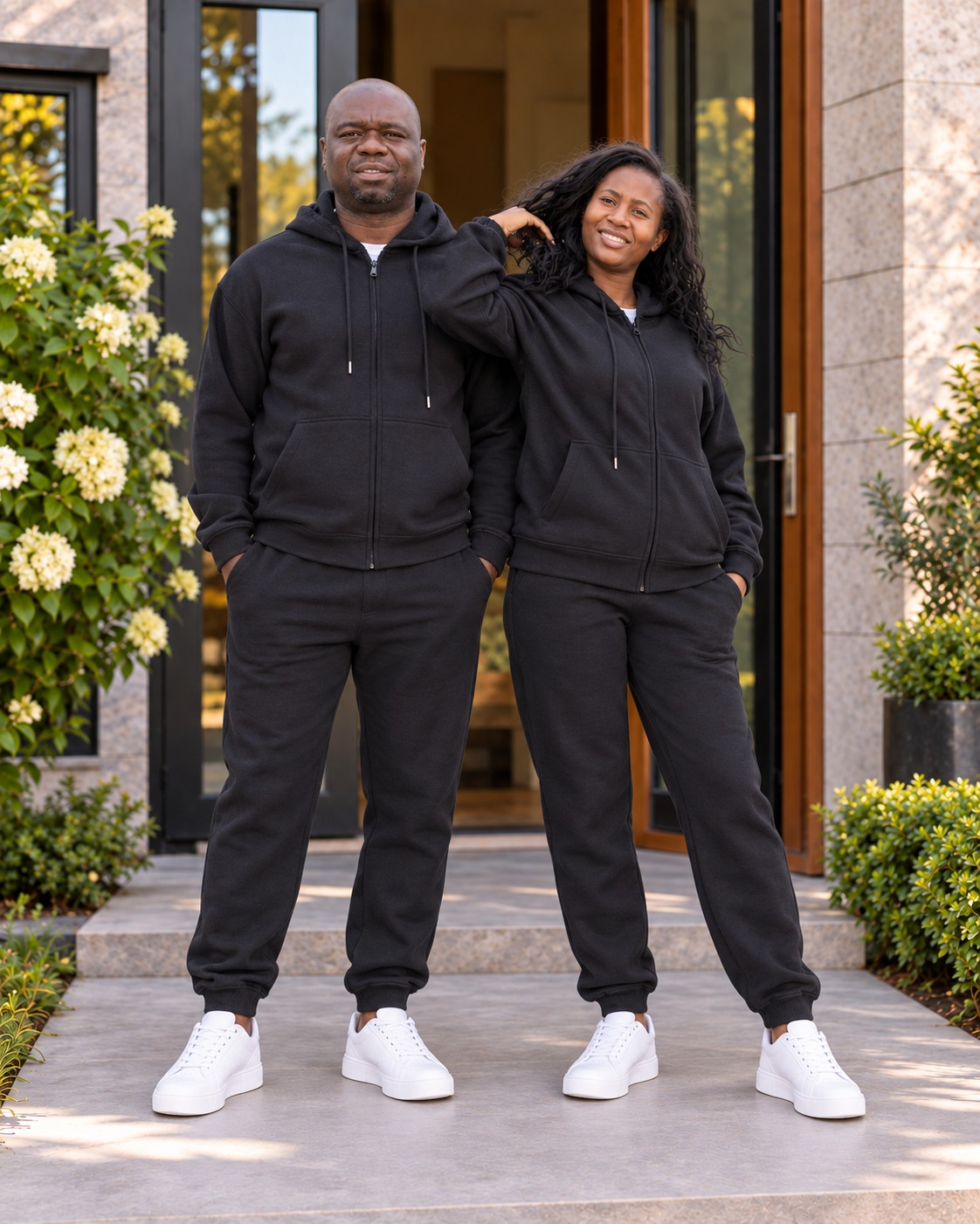 Couple portant les ensembles adultes URIALEX noirs avec des baskets blanches.