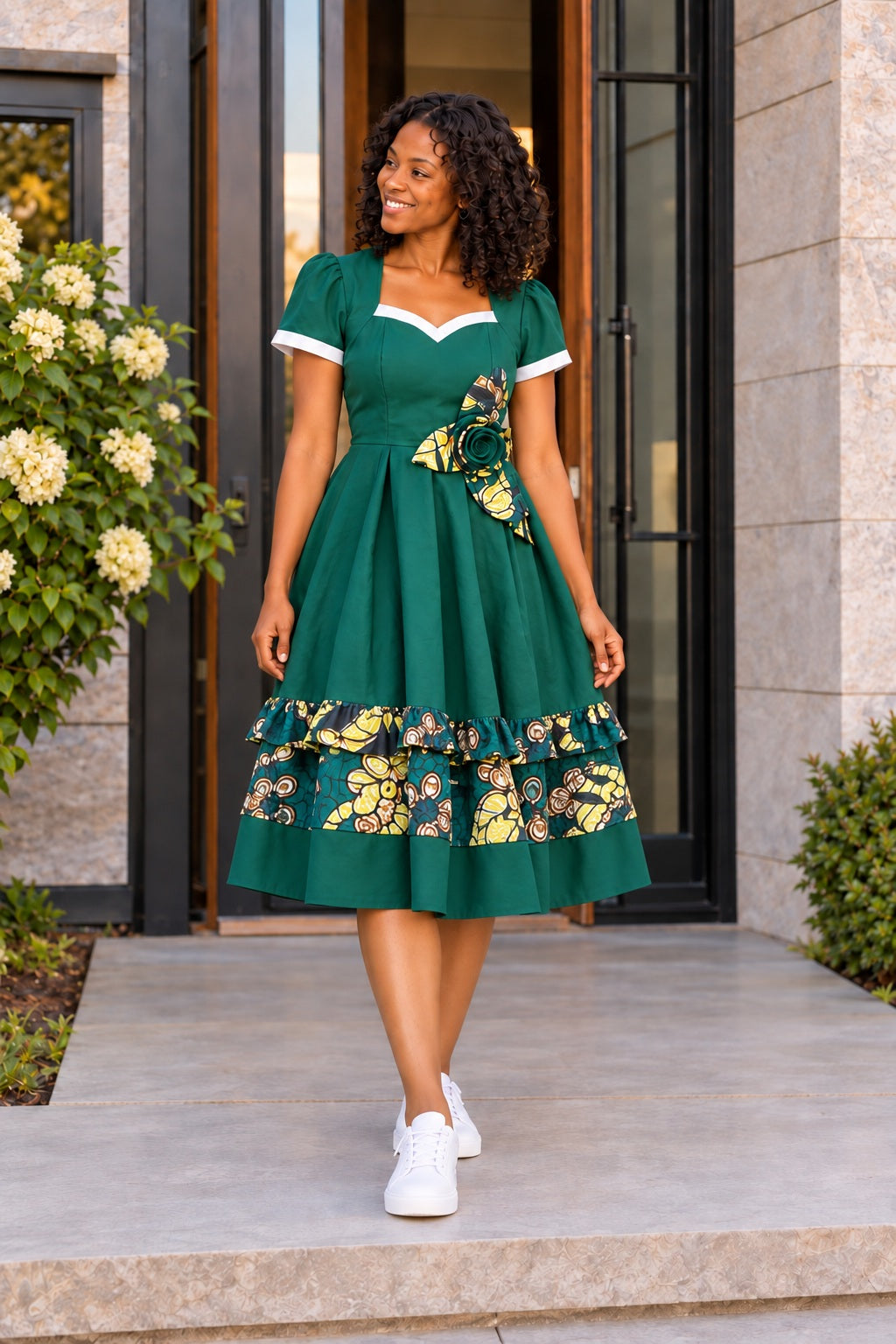 Femme portant la robe URIALEX vert émeraude à motifs dorés, jupe plissée sous le genou et baskets blanches.