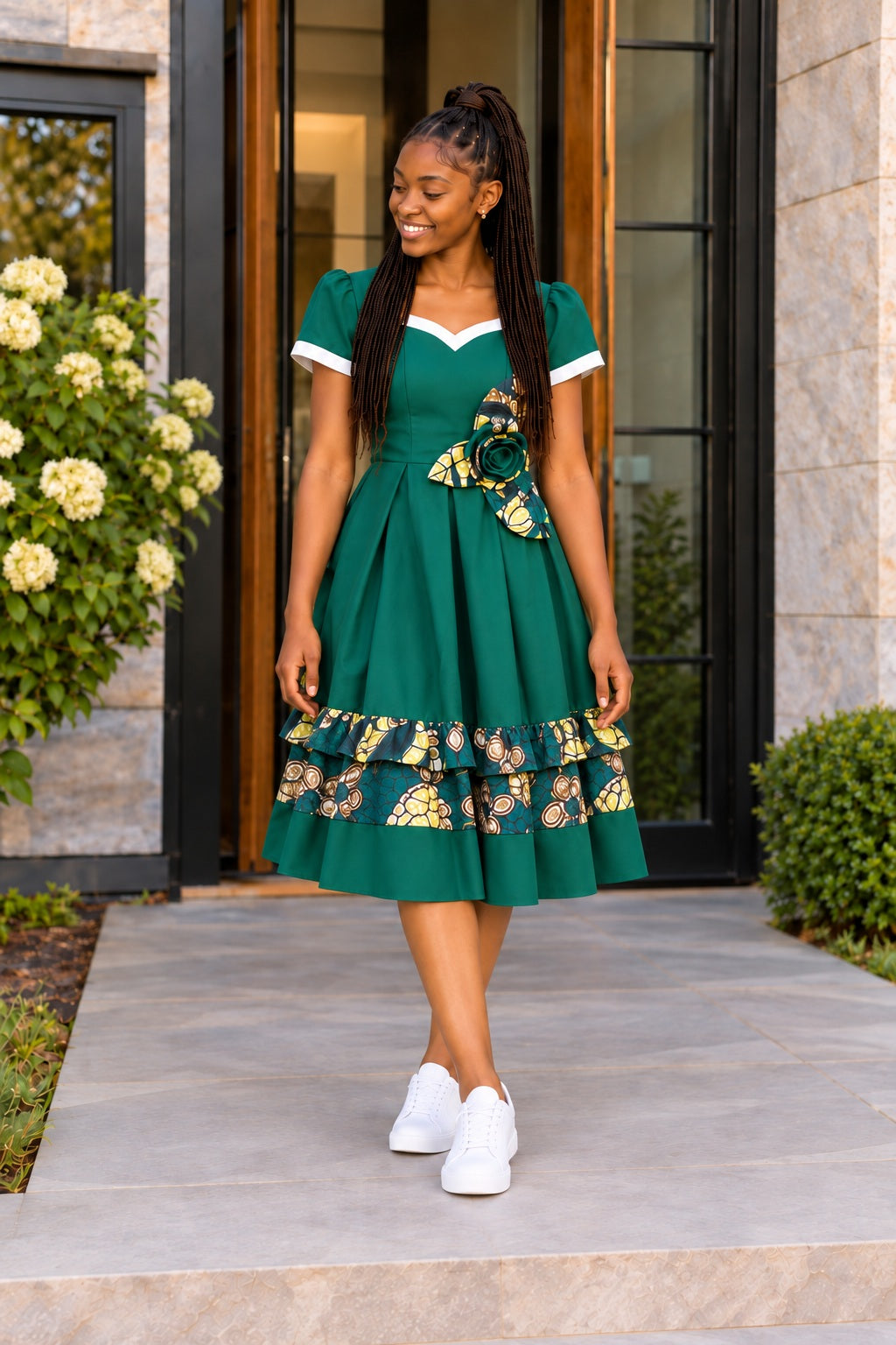 Fille portant la robe URIALEX vert émeraude à motifs dorés, longueur sous le genou et baskets blanches.
