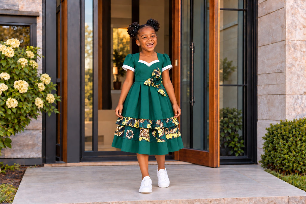 Petite fille portant la robe URIALEX vert émeraude à motifs dorés, longueur sous le genou et baskets blanches.