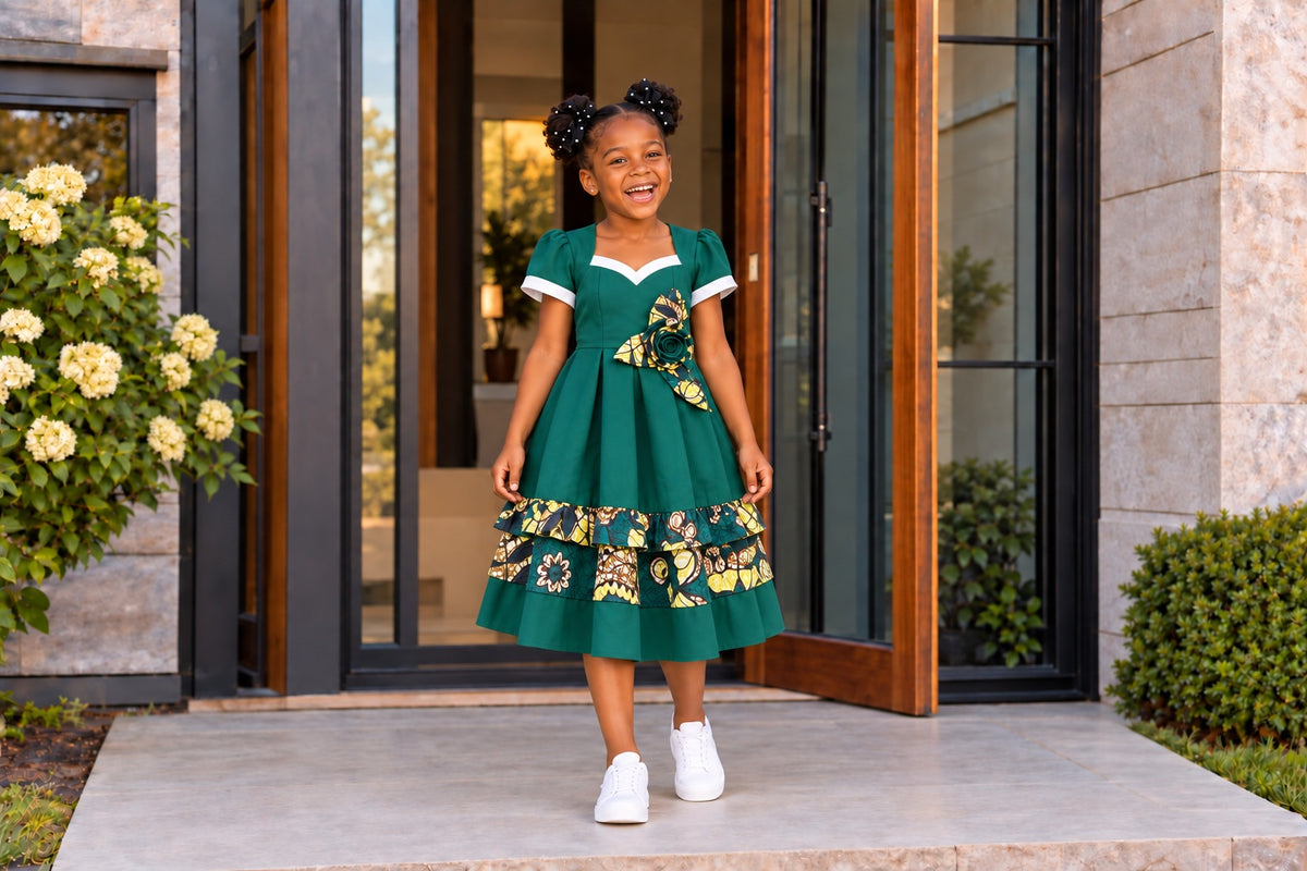 Petite fille portant la robe URIALEX vert émeraude à motifs dorés, longueur sous le genou et baskets blanches.